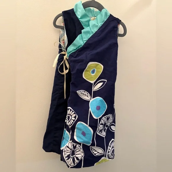 Kimono Girls Dress Navy Aqua Ruffle Vibrant Floral Reversible Adjustable Size 5 - Picture 3 of 8